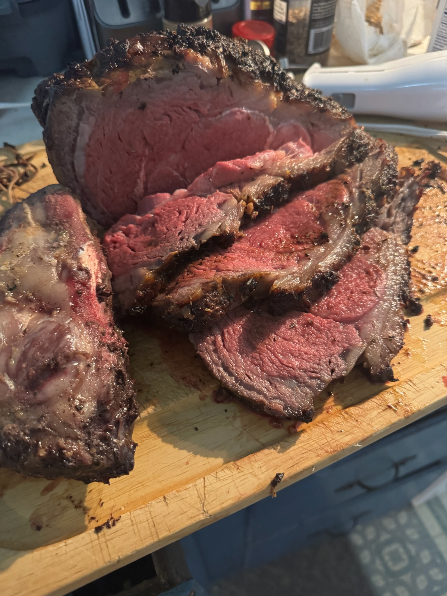 Pepper-crusted prime rib sliced medium rare